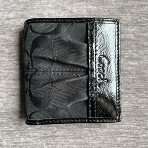 Coach Black Signature Card Case with Patent Trim